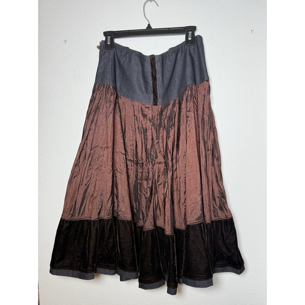 VTG Y2K‎ Brown & Denim Skirt XL Cottage Boho Gypsy Whimsigoth Tiered Festival - Picture 6 of 12